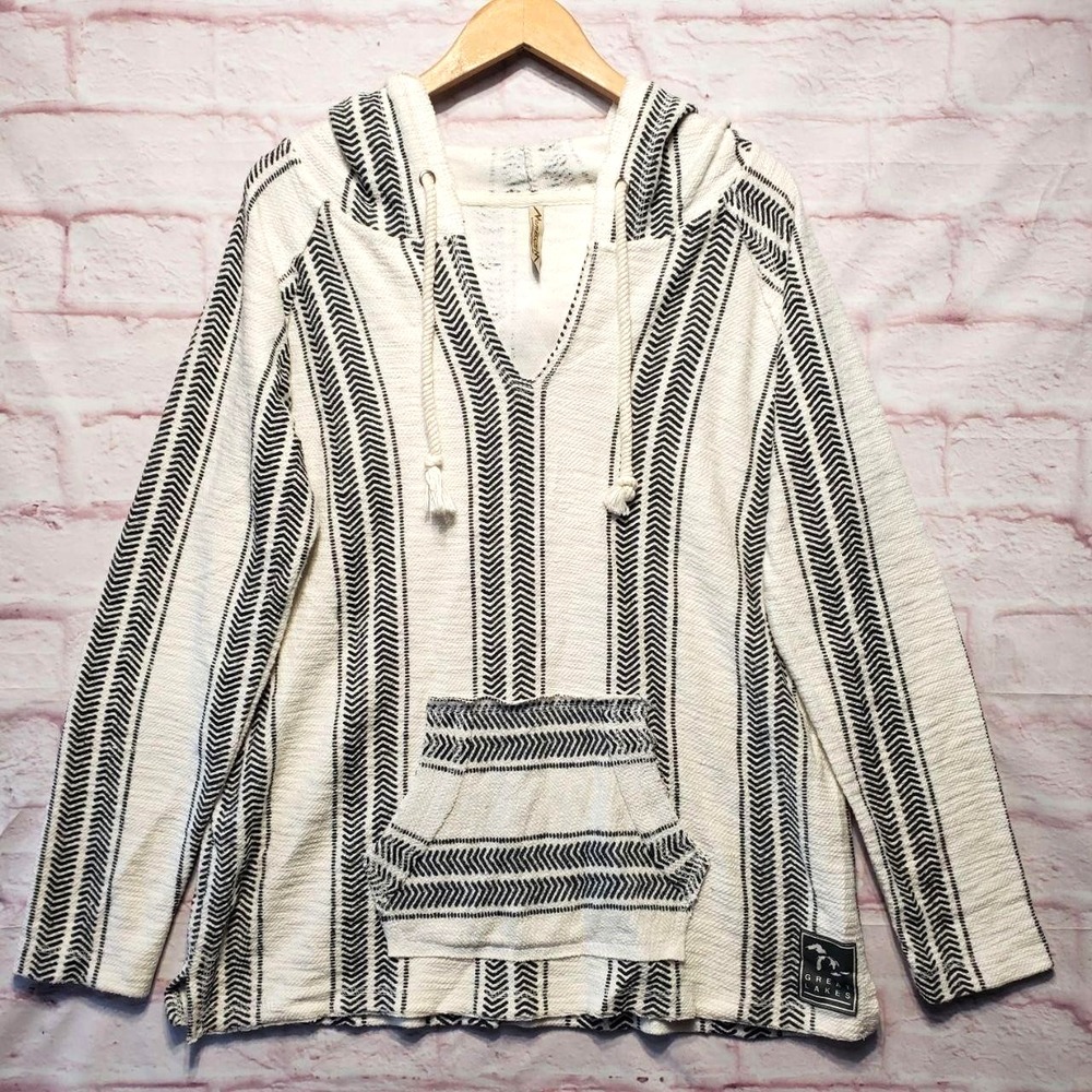 Momentum Hoodie Mens Large White Black Striped Baja Pullover Kangaroo‎ Pocket